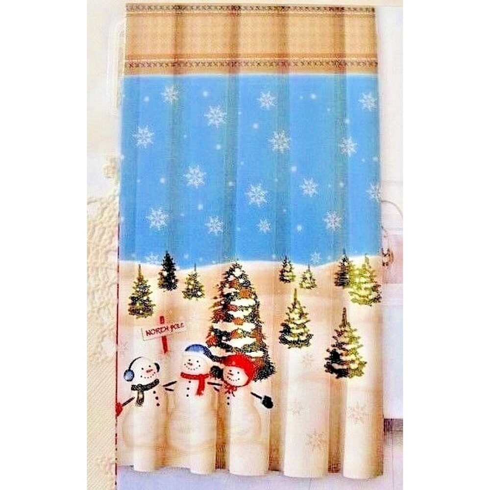 Holiday Trio Snowmen Fabric Shower Curtain Christmas Tree Snowflakes 72"Sq. NEW